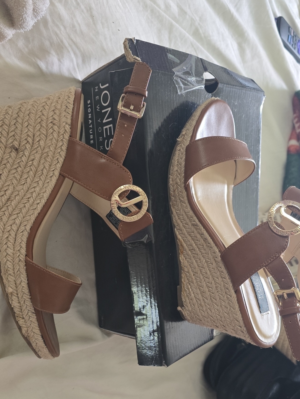 Jones New York Brown Braided Espadrille Wedge Sandals with Gold Accent